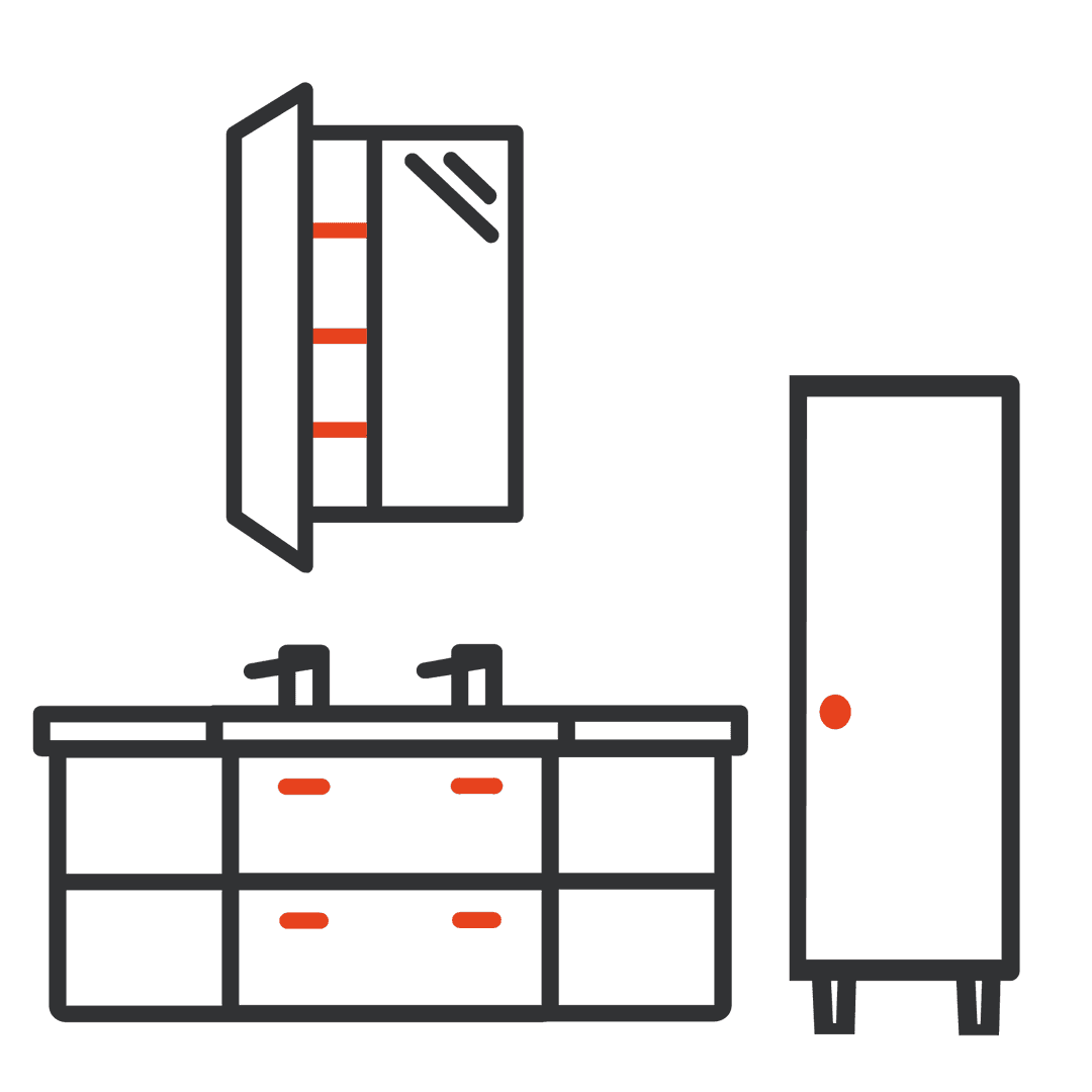 Kommod + 2 st tvättställ + skåp + spegelskåp icon
