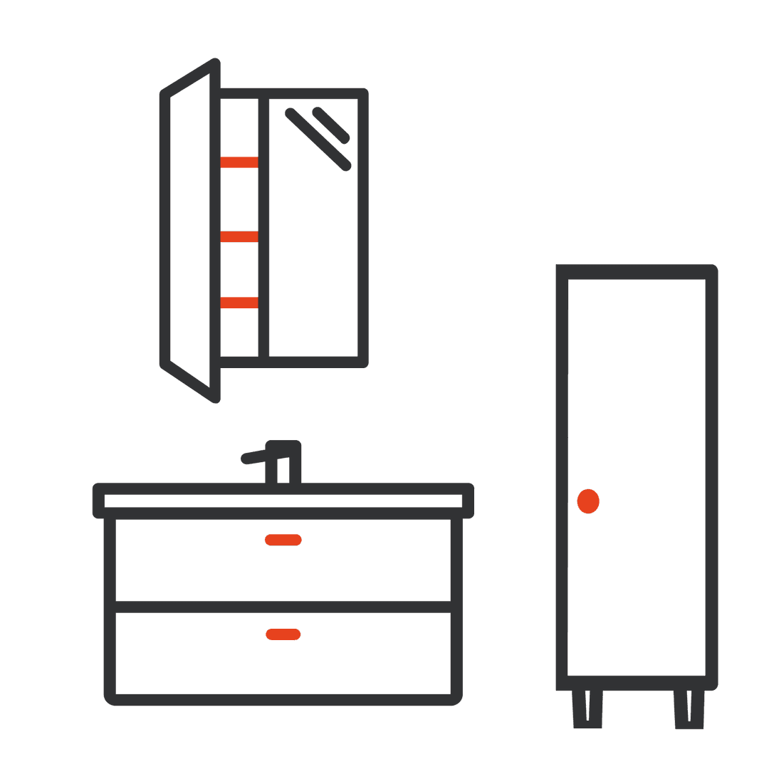 Kommod + tvättställ + skåp + spegelskåp icon